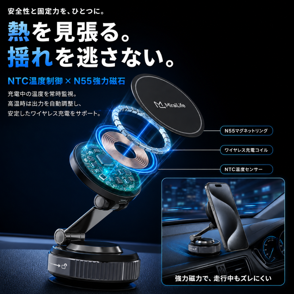 MiraiDrive™ | Boleve 急速ワイヤレス充電マグネット車載ホルダー — 真空吸着・360°回転・全機種対応