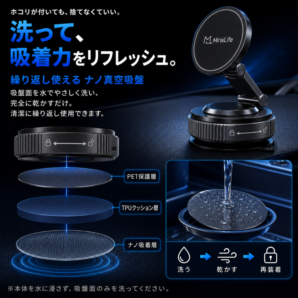 MiraiDrive™ | Boleve 急速ワイヤレス充電マグネット車載ホルダー — 真空吸着・360°回転・全機種対応