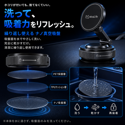 MiraiDrive™ | Boleve 急速ワイヤレス充電マグネット車載ホルダー — 真空吸着・360°回転・全機種対応